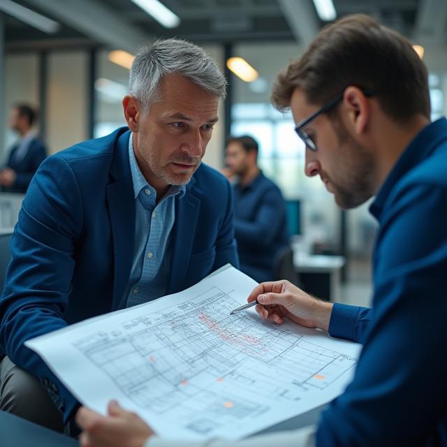 مهندسون يناقشون مخطط شبكة
